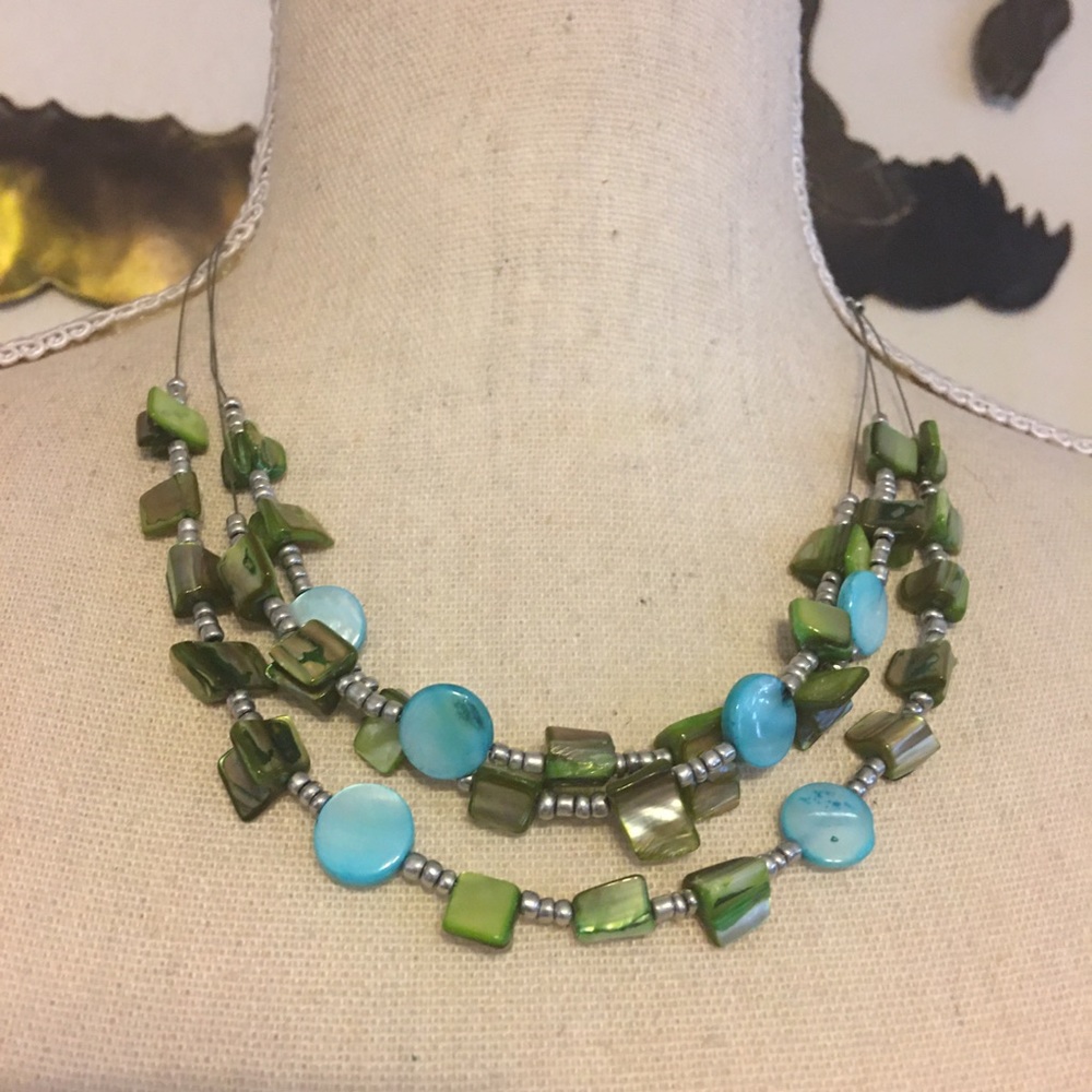 Multi strand silver tone abalone shell necklace